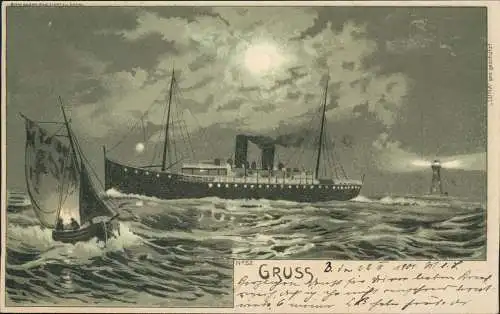 Ansichtskarte  Schiff Dampfer Steamer bei Mondschein Halt gegen das Licht 1901