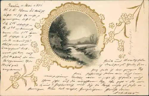 Künstlerkarte Landschaft im Goldornament 1901 Goldrand/Prägekarte