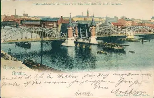 Stettin Szczecin Bahnhofsbrücke mit Blick auf Eisenbahnbrücke und Lastadie. 1901