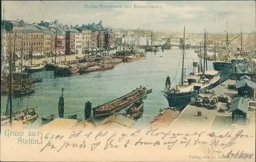 Postcard Stettin Szczecin Hafen-Panorama mit Baumbrücke. 1901  Pommern