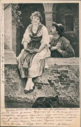 Liebe Liebespaar Love schöne Frau auf der Mauer Mann in Tracht 1901