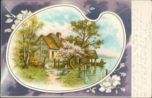 Ansichtskarte  Künstlerkarte Malerpalette Dorfidyll 1901  gel Radawnitz Schlawe