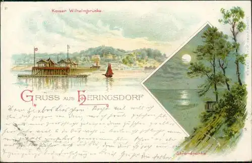 Litho AK Heringsdorf Usedom Kaiser-Wilhelm-Brücke Strand bei Nacht 1901