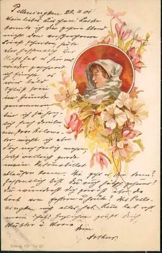 Ansichtskarte  Frau im Medaillon Blumen Künstlerkarte 1901