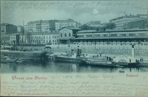 Postcard Stettin Szczecin Bahnhof Dampfer Mondscheinlitho 1902  Pommern