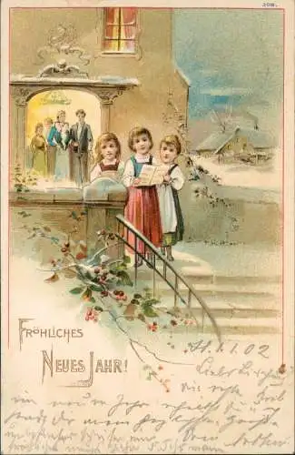 Neujahr Sylvester New Year singende Kinder vor Kirche Künstlerkarte 1902