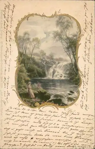 Photo-Aquarell Frau Wasserfall Goldrahmen Künstlerkarte 1901 Goldrand/Prägekarte