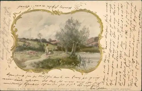 Künstlerkarte Photo-Aquarell romantische Landschaft Goldrahmen 1901  Prägekarte