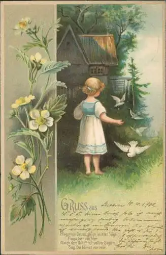 Ansichtskarte  Mädchen und Tauben Blumenranken Künstlerkarte 1902