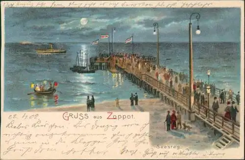 Postcard Zoppot Sopot Seesteg bei Mondschein 1902  Pommern