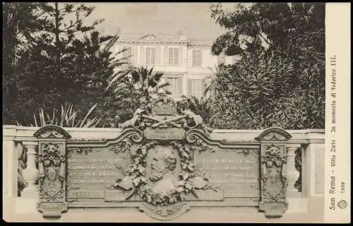 Cartoline San Remo Sanremo Villa Zirio Jn memaria di Federico III. 1920