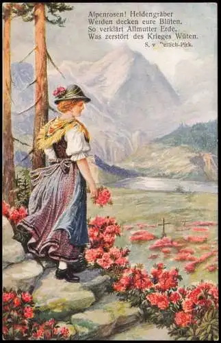 Ansichtskarte  Künstlerkarte Alpenrosen! Heldengräber Frau mit Blumen 1914