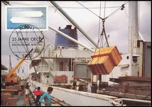 Ansichtskarte  Frachtschiff 25 Jahre OECD 1986  Sonderstempel