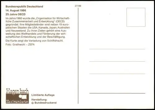 Ansichtskarte  Frachtschiff 25 Jahre OECD 1986  Sonderstempel