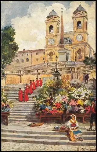 Cartoline Rom Roma Trinità dei Monti (signierte Künstlerkarte) 1910