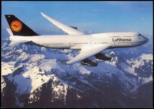 Ansichtskarte  Flugzeug Lufthansa Boeing 747-400 über Gebirge 1993