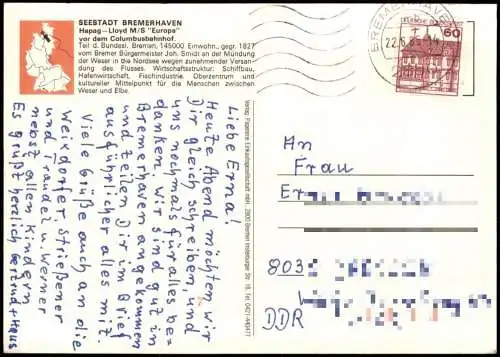 Ansichtskarte Bremerhaven Luftbild Schiff Hapag-Lloyd M/S "Europa 1985