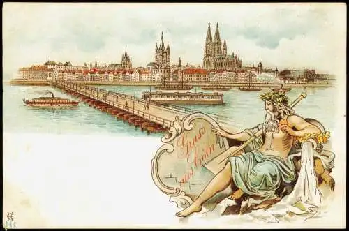 Ansichtskarte Litho AK Köln Stadt Behelfsbrücke Gruss aus 1906