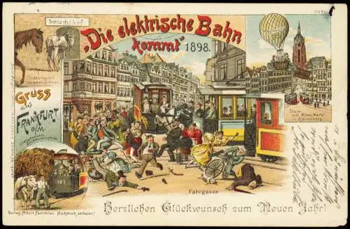 Litho AK Frankfurt am Main Elektische Straßenbahn Ballon Fahrgasse 1898