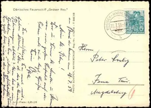 Schiff Schifffahrt Dänisches Feuerschiff Gedser Rev. 1959  Stempel  Warnemünde