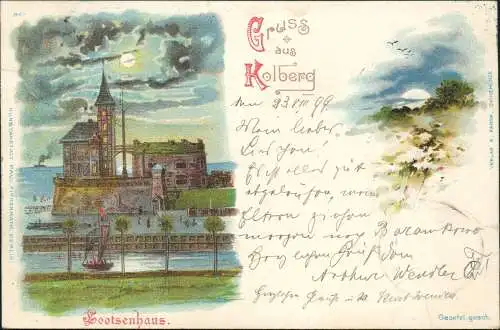 Litho AK Kolberg Kołobrzeg Lotsenhaus und Umland b. Mondschein 1899   Pommern