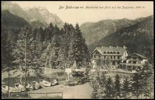 Grainau Der Badersee mit Alpenhotel und Blick auf die Zugspitze 1910