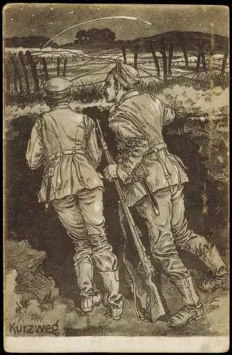 Ansichtskarte  Künstlerkarte Soldaten im Schützengraben WK1 Militaria 1916