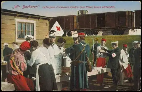 Kriegsgefangene. Franzosen vom Roten Kreuz versorgt Militaria WK1 1916  Feldpost