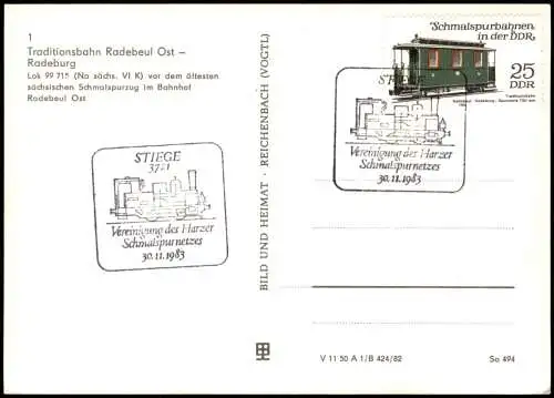 Traditionsbahn  Ost-Radeburg Zug Bahnhof Radebeul-Ost 1982 Sonderstempel