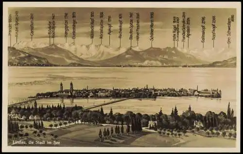 Lindau (Bodensee) Stadt Künstlerkarte Beschreibung der Berge 1931