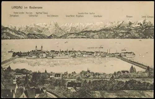 Lindau (Bodensee) Künstlerkarte Stadt Beschreibung der Berge 1912