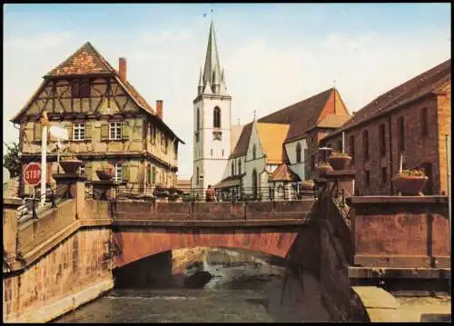 Weingarten (Baden) Ortsansicht, Fluss Partie mit Brücke, Blick Kirche 1979