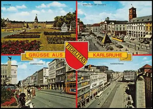 Karlsruhe Mehrbild-AK u.a. MARKTPLATZ MIT RATHAUS KAISERSTRASSE SCHLOSS 1986