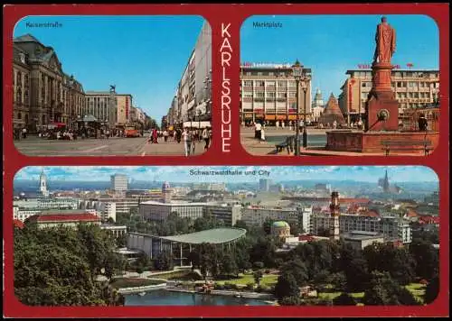 Karlsruhe Mehrbild-AK Marktplatz Kaiserstraße Schwarzwaldhalle und City 1986