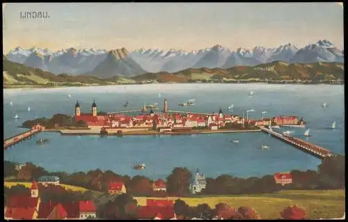 Ansichtskarte Lindau (Bodensee) Aus der Vogelschau Künstlerkarte 1912