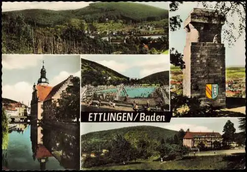 Ettlingen Ortsansichten Mehrbild-AK u.a. Bismarck-Säule, Schwimmbad uvm. 1965