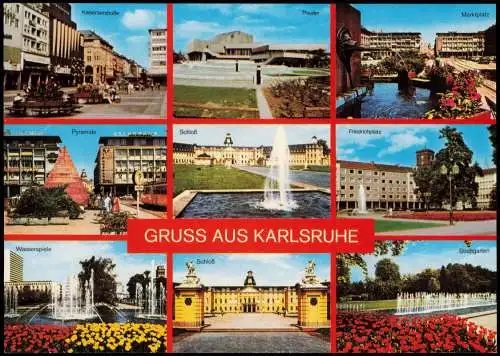 Karlsruhe Mehrbild   Markt Pyramide Friedrichplatz VOLKSBANK Wasserspiele 1990