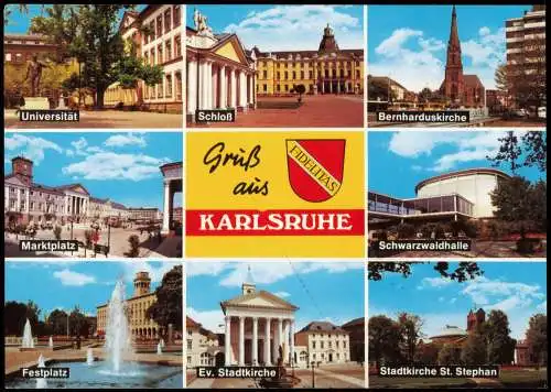 Karlsruhe Mehrbild-AK  Universität Marktplatz  Schwarzwaldhalle Festplatz 1990