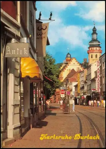 Durlach-Karlsruhe Pfinztalstraße mit Rathaus, Sparkasse und Antik-Laden 1980