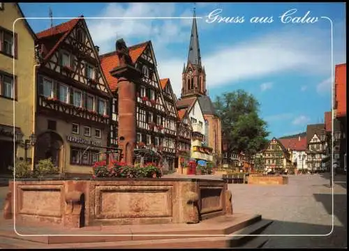 Ansichtskarte Calw Stadtteilansicht, Brunnen-Anlage, Geschäfte 1980