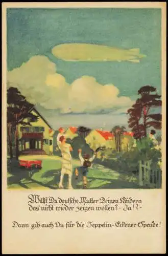 Flugwesen - Zeppelin über Stadt Künstlerkarte winkende Familie 1926