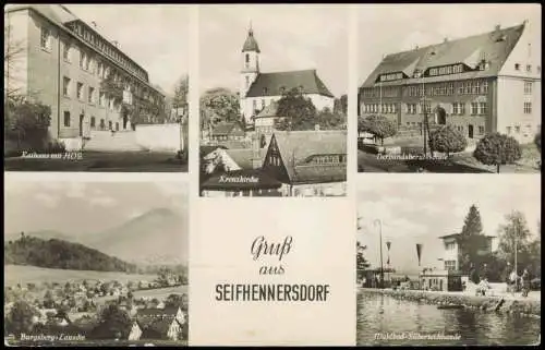 Ansichtskarte Seifhennersdorf MB Schwimmbad Kirche Schule 1958