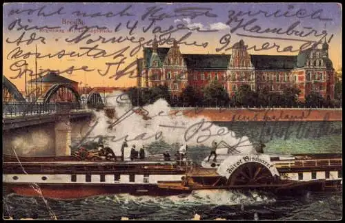 Postcard Breslau Wrocław Regierung Brücke Dampfer Fürst Bismarck 1923