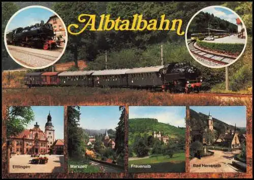 Ansichtskarte  Albtalbahn, Personenzug mit Dampflokomotive, div. Orte 1980