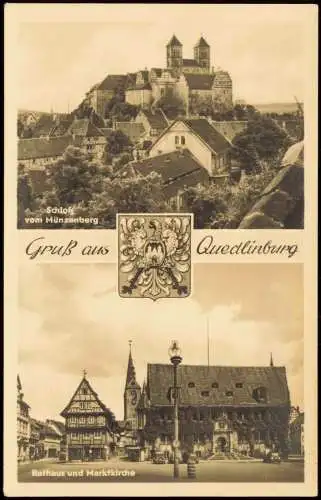 Ansichtskarte Quedlinburg Schloß, Rathaus und Marktkirche 1955