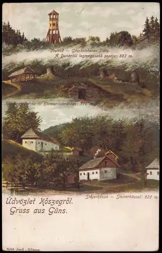 Postcard Güns Kőszeg 2 Bild Hörmannsbrunnen Aussichtsturm 1908  Magyar Ungarn