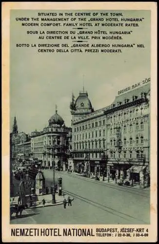 Postcard Budapest NEMZETI HOTEL NATIONAL Jozsef KRT 4 1938 Magyar Ungarn