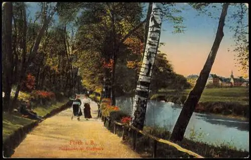 Ansichtskarte Fürth Teilansicht im Stadtpark 1918  gel. Feldpoststempel