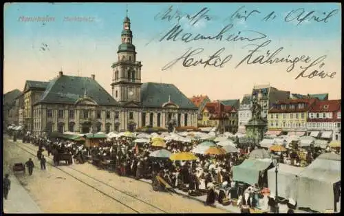 Ansichtskarte Mannheim Marktplatz, Markttreiben 1914