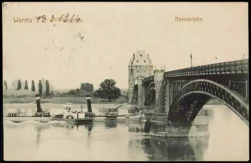 Ansichtskarte Worms Rheinbrücke Rheindampfer Schaufelraddampfer 1916